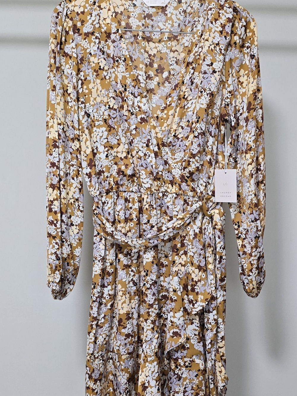 LC Lauren Conrad Mustard Floral Long Sleeve Wrap Dress
